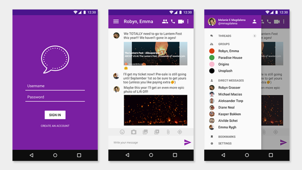 A chat app with threads, group chats, and direct messages with implied web and SMS support.