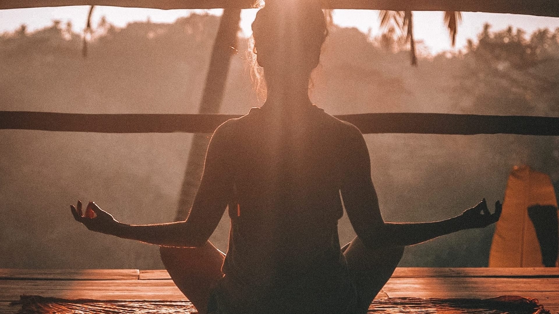 A serene image of a person seated in a meditative pose on a wooden deck, facing the sun. A wooden railing frames the scene, with a palm tree visible in the background. This peaceful setting exemplifies the practice of meditation, highlighting the connection with nature and the pursuit of inner calm.