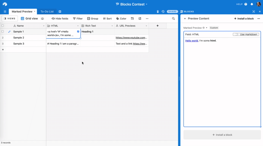 Airtable application that displays formatted Markdown